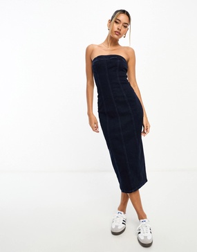 River Island bandeau denim midi dress in dark denim