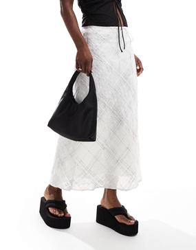 Mango lightweight linen mix plaid skirt in white