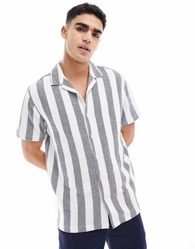 Brave Soul cotton textured camp collar shirt in navy stripe