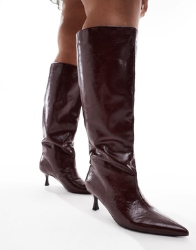 ASOS DESIGN Curve Crimson pull-on kitten heel knee boots in burgundy