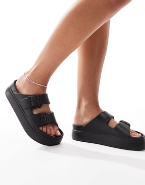 ASOS DESIGN Freestyle flatform double buckle footbed sliders in black