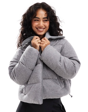 ASOS DESIGN cord knitted collar puffer jacket in gray