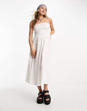 COLLUSION shirred bodice maxi summer smock dress in white