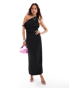 Mango one-shoulder midi dress in black