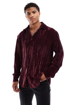 ASOS DESIGN shirt in crinkle velvet in burgundy