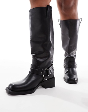 ASOS DESIGN Curve Camila flat biker harness knee boots in black