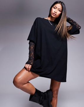 ASOS DESIGN t-shirt mini dress with lace sleeves in black