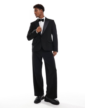 ASOS DESIGN wide leg tuxedo pants with cummerbund waistband in black