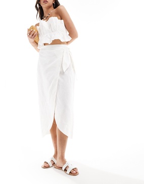 Mango wrap front linen skirt in white