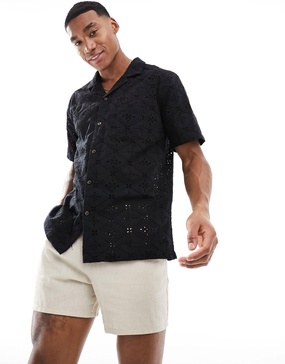 Cotton On relaxed camp collar shirt in black broderie