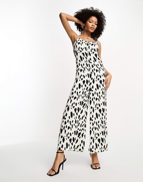 River Island leopard print tie strap wide leg jumpsuit in black and white