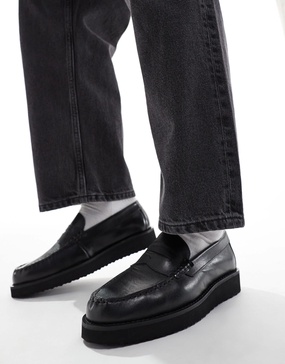 ASOS DESIGN penny loafers in black leather