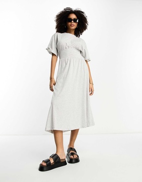 River Island jersey smock midi dress with cinched waist in light gray