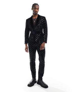 ASOS DESIGN skinny diamond sequin suit pants in black