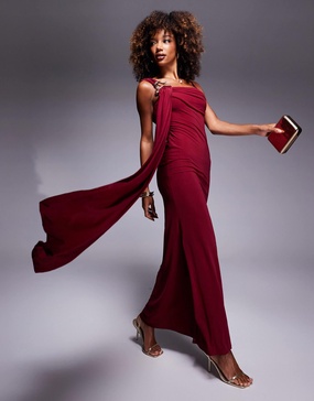 ASOS DESIGN stretch chiffon cowl neck maxi dress with oversized trim and sash detail in burgundy