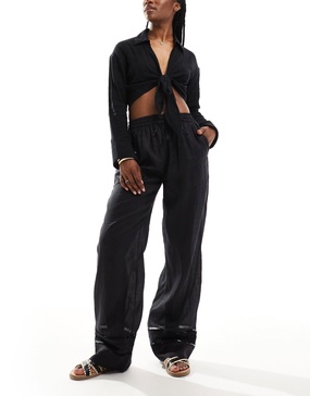 AllSaints Jade linen wide leg straight pants in black