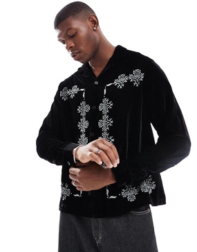 ASOS DESIGN boxy relaxed velvet shirt with embroidery border in black