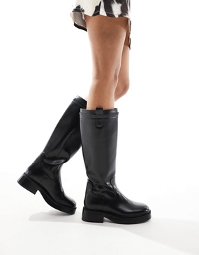 Bershka calf length faux leather boots in black