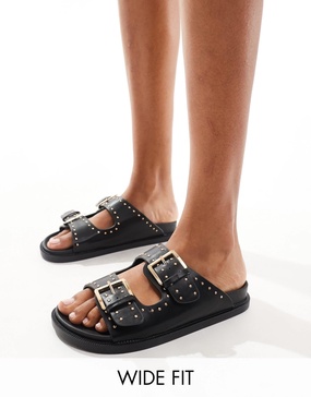 Truffle Collection wide fit double strap studded footbed sandals in black