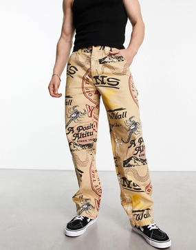 Vans loose carpenter canvas all over print pants in beige