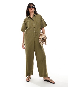 ASOS DESIGN linen look boilersuit with contrast stitch in olive