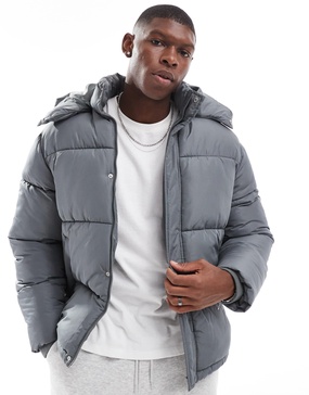 ASOS DESIGN puffer jacket with detachable hood in gray