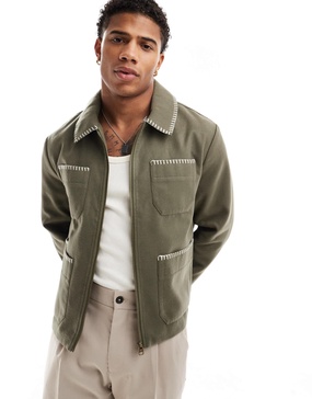 ASOS DESIGN wool look harrington jacket with blanket stitch in khaki