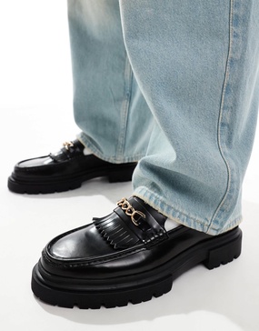 ASOS DESIGN chunky loafers in black leather with fringe and snaffle