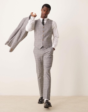 ASOS DESIGN skinny with linen suit pants in gray prince of wales check