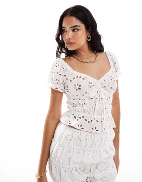 ASOS DESIGN babydoll ruched crop top in white eyelet - part of a set