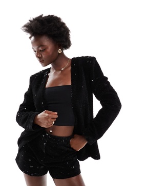 ASOS DESIGN collarless nipped waist velvet sequin blazer in black