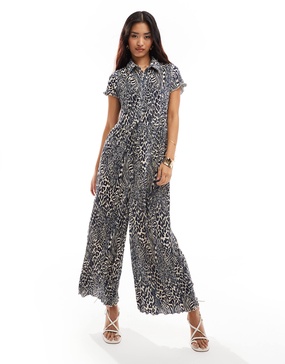 ASOS DESIGN short sleeve plisse wide leg jumpsuit in blue animal