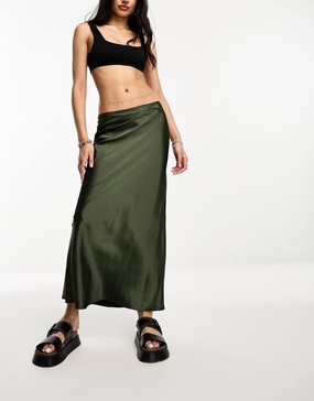 River Island satin slip maxi skirt in khaki