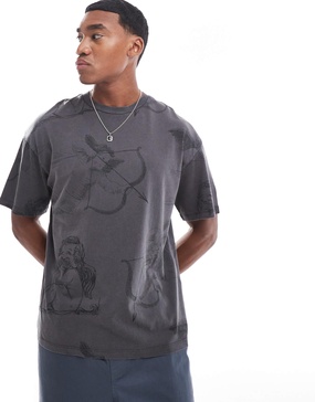 ADPT oversized t-shirt with all over angel print in gray acid wash