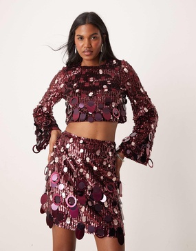 ASOS EDITION embellished sequin long sleeve crop top in burgundy - part of a set