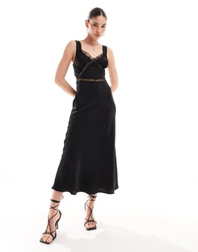 Bardot satin lace insert maxi dress in black