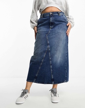 River Island Plus seam detail denim maxi skirt in dark denim