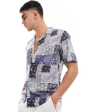 Only & Sons resort shirt with bandana print in gray