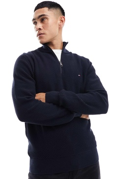 Tommy Hilfiger oval structure zip mock neck sweater in navy