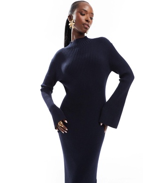 French Connection knit midi sweater dress with flare sleeves in navy