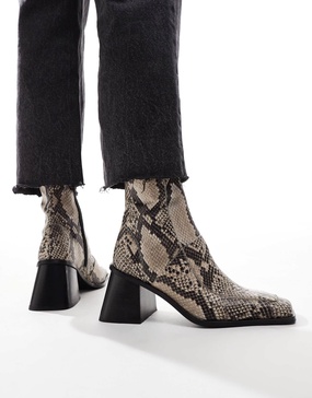 ASOS DESIGN Ria mid heel leather boots in natural snake