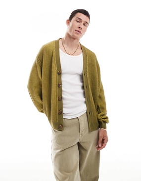 ASOS DESIGN oversized knitted plated fisherman rib cardigan in khaki