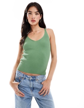 Mango ribbed strap tank top in light green