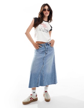 Levi's high rise a-line deconstructed long denim skirt in mid blue