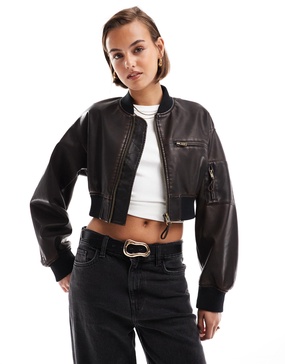 ASOS DESIGN washed cropped leather look bomber jacket in burgundy