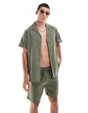 South Beach textured weave short sleeve beach shirt in olive