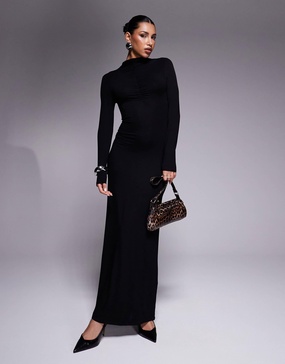 ASOS DESIGN high neck long sleeve with ruching maxi dress in black