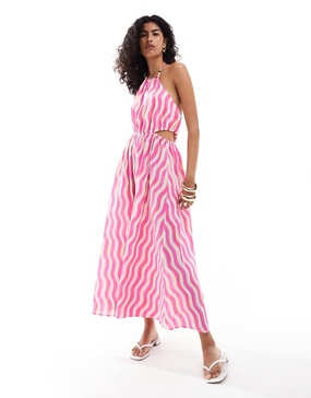 Mango wave stripe halter midi dress in pink