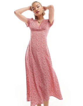 Glamorous v neck lace trim midi tea dress in pink micro floral