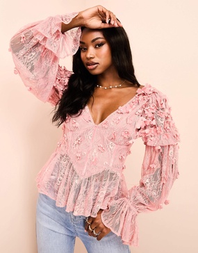 ASOS LUXE mesh long sleeved top with velvet flowers and pearl embellishment in pink